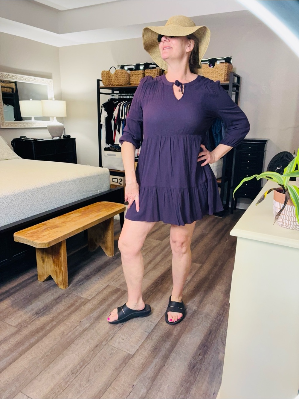 Market & Spruce Purple Tiered Mini Dress with Tie Neck XL